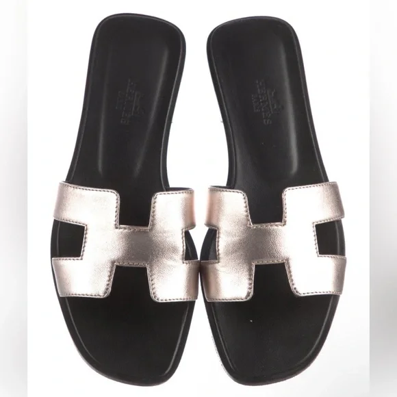 Hermes Oran Dore Vieilli Silver Gray Metallic Leather H Slide Sandals Slippers